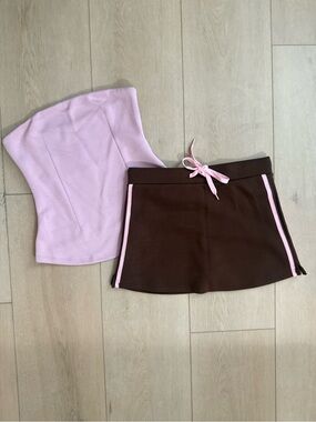 Pink Tube Top & Brown Mini Skirt Set with Pink Trim